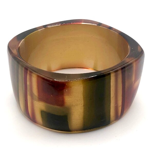 Chunky Striped Lucite Style Square Bangle Bracelet Amber Gold Burgundy Green - Picture 5 of 14